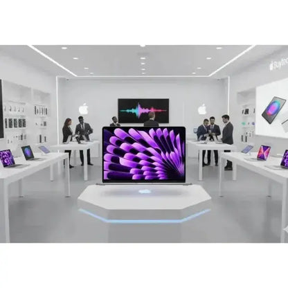 Interno di un negozio Apple con vari prodotti, inclusi Apple MacBook Air in esposizione su tavoli bianchi
