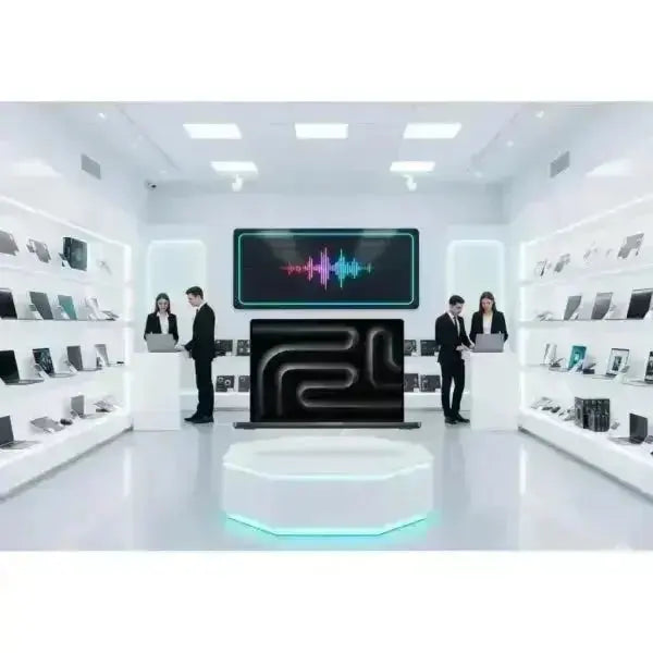 Negozio di tecnologia con esposizione di Apple MacBook Pro su ripiani moderni