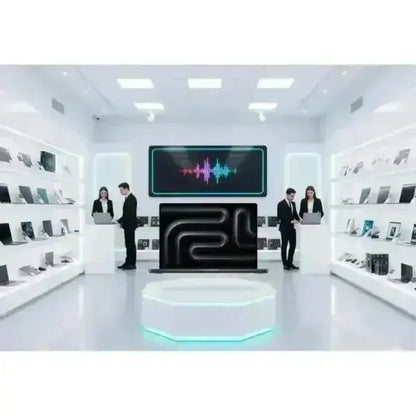 Negozio di tecnologia con esposizione di Apple MacBook Pro su ripiani moderni