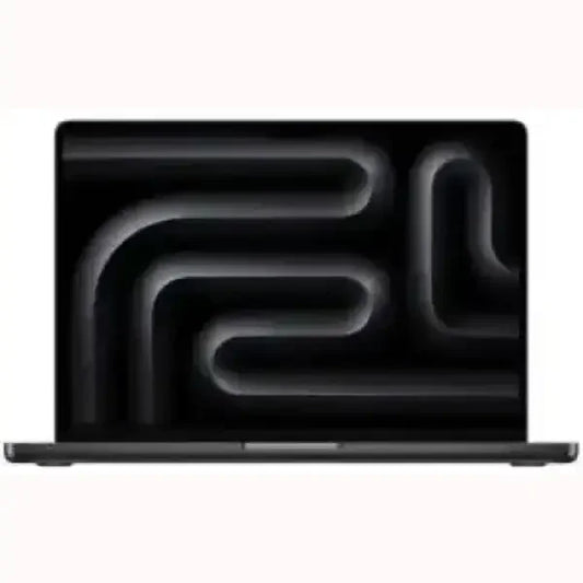 Apple MacBook Pro notebook aperto vista frontale con schermo nero e sfondo astratto scocca grigio