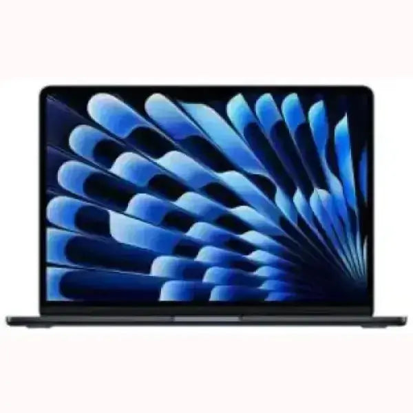 Notebook Apple con schermo aperto che mostra sfondo blu astratto e design sottile