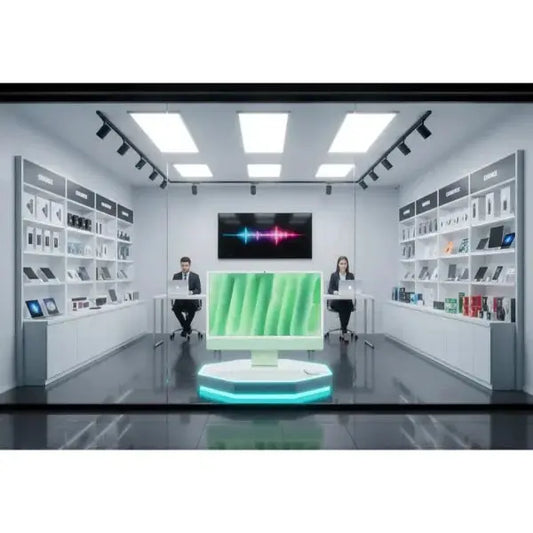 Negozio Apple con prodotti elettronici moderni e due assistenti in vendita