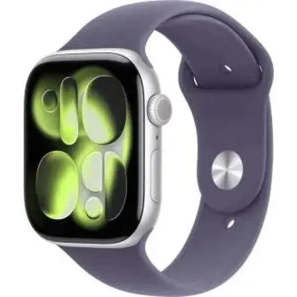 Apple Smartwatch con cassa argentata e cinturino viola, design elegante e funzionalità avanzate