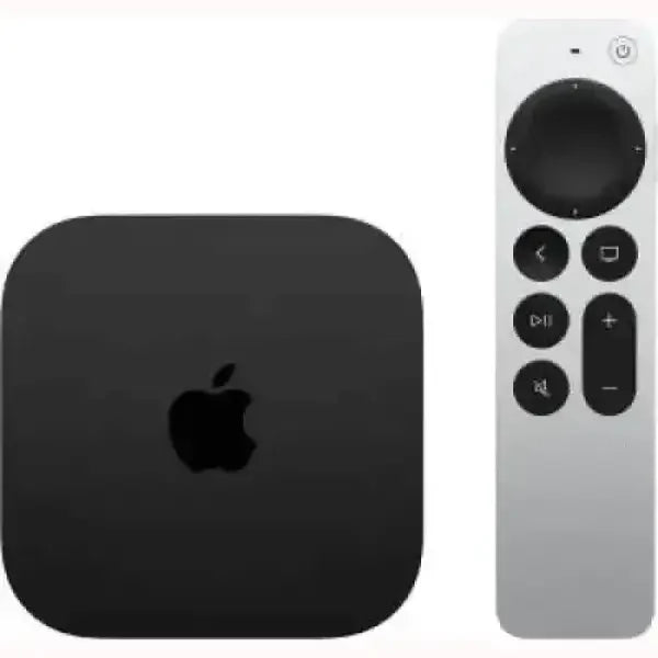 Apple TV 2022 con telecomando elegante grigio e dispositivo di streaming nero compatto