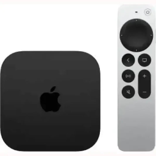 Apple TV 2022 con telecomando elegante grigio e dispositivo di streaming nero compatto