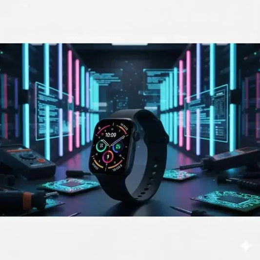 Apple Watch nera con quadrante luminoso, ambientazione futuristica di tecnologia avanzata