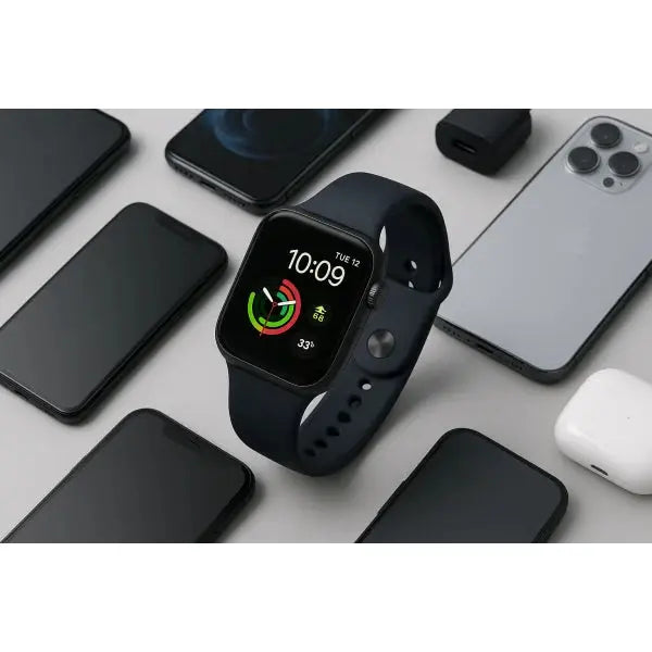 Apple Watch con cinturino blu e schermo touch, circondato da smartphone e accessori tecnologici