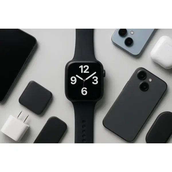 Apple Watch con quadrante chiaro e cinturino nero, circondato da accessori tecnologici