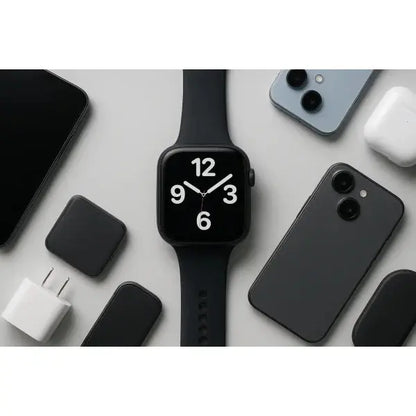 Apple Watch con quadrante chiaro e cinturino nero, circondato da accessori tecnologici