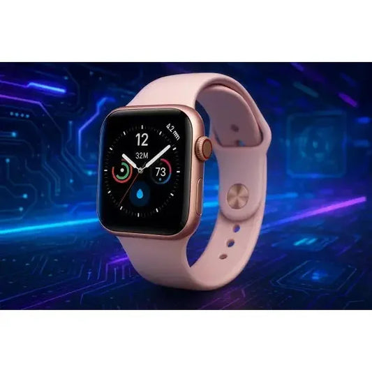 Apple Watch con cinturino rosa e display digitale per monitoraggio attività e salute