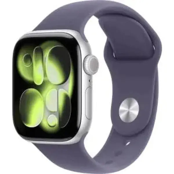 Apple Watch con quadrante verde e cinturino viola, ideale per il monitoraggio della salute