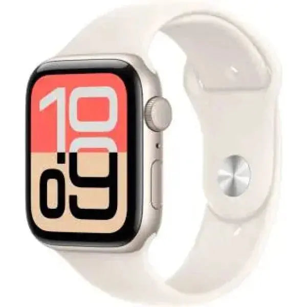 Apple Watch SE 3 con cinturino bianco e quadrante luminoso, ideale per fitness e notifiche smart