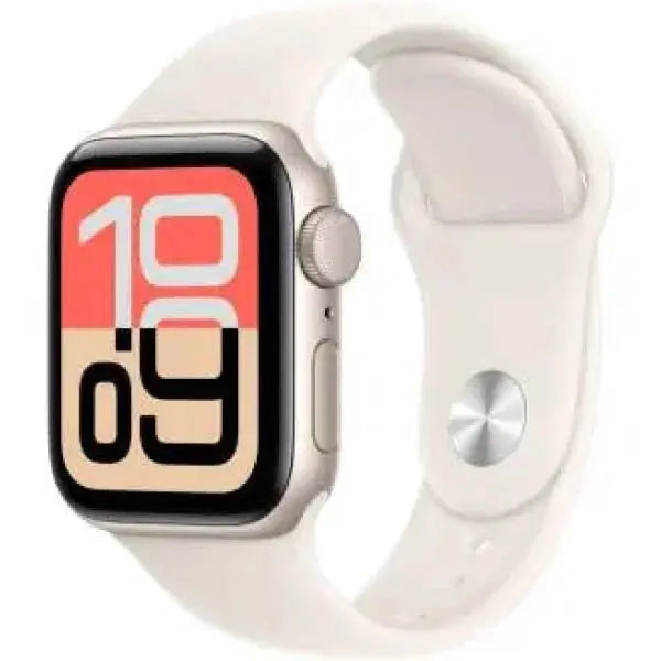 Apple Watch SE 3 con cassa in alluminio e cinturino bianco, con display digitale e orario