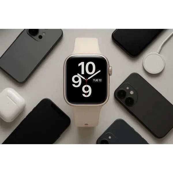 Apple Watch SE 3 con cinturino beige e quadrante elegante, circondato da smartphone e auricolari Apple