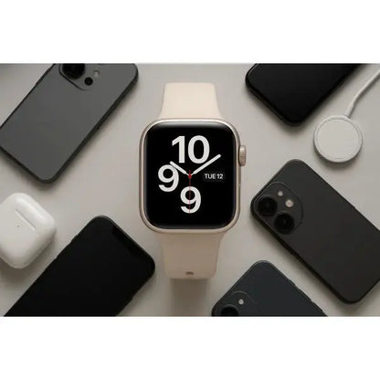 Apple Watch SE 3 con cinturino beige e quadrante elegante, circondato da smartphone e auricolari Apple