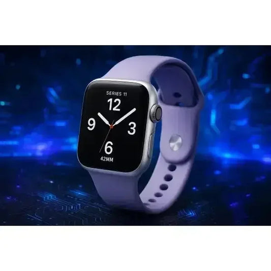 Apple Watch serie 11 con cinturino viola e display digitale moderno da 42MM