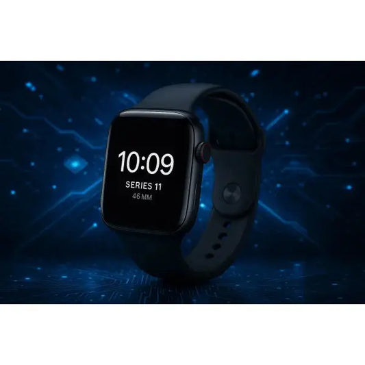 Apple Watch Series 11 con cinturino blu e display digitale che mostra l'orario