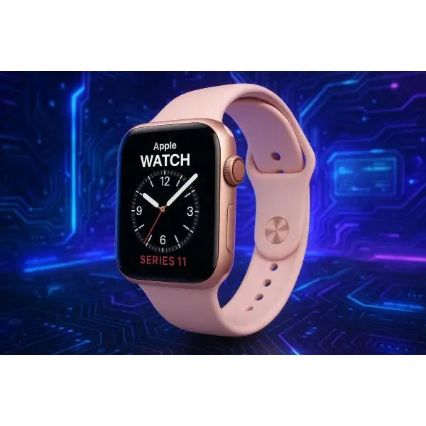 Apple Watch Series 11 con cinturino rosa e display digitale in uno sfondo futuristico