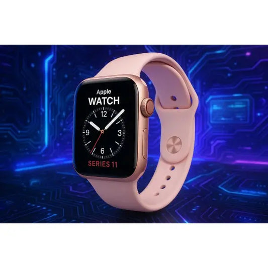 Apple Watch Series 11 con cinturino rosa e display digitale in uno sfondo futuristico
