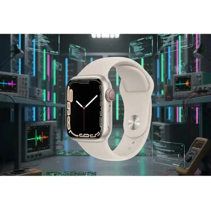 Apple Watch Serie 7 con cinturino bianco in un ambiente tecnologico moderno