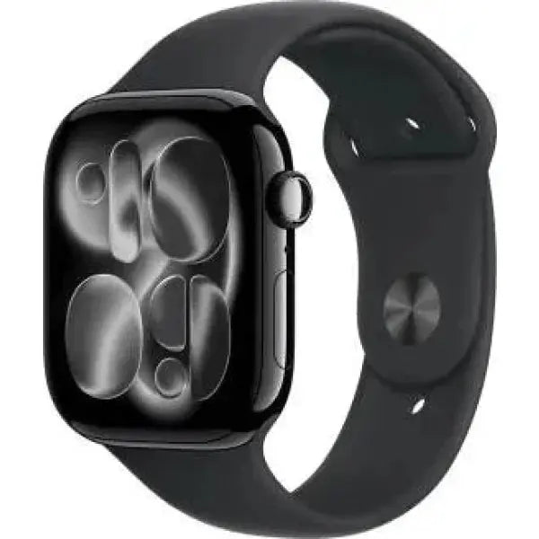 Apple Watch in nero con display rettangolare e cinturino in silicone per un uso versatile e sportivo