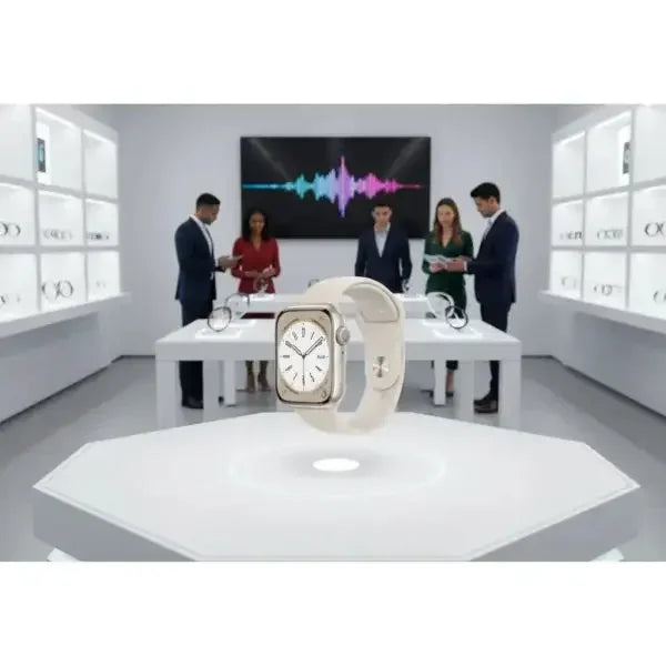 Apple Watch Series 8 in beige con display quadrato e design elegante in un negozio tecnologico moderno