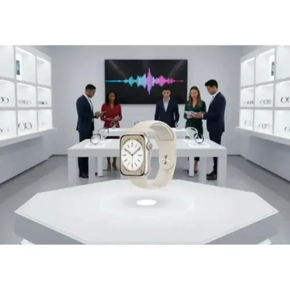 Apple Watch Series 8 in beige con display quadrato e design elegante in un negozio tecnologico moderno