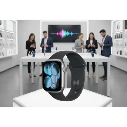 Apple Watch con quadrante elegante in mostra in un negozio tecnologico con clienti in background