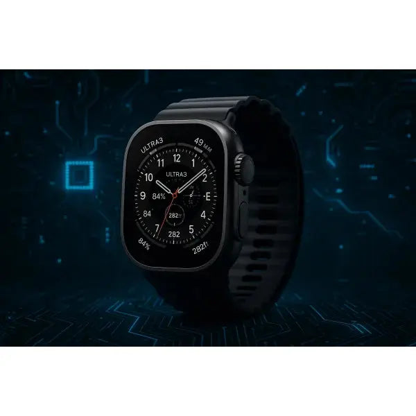 Apple Watch Ultra 3 con quadrante scuro e cinturino nero, ideale per attività sportive avanzate