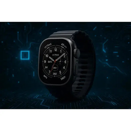 Apple Watch Ultra 3 con quadrante scuro e cinturino nero, ideale per attività sportive avanzate