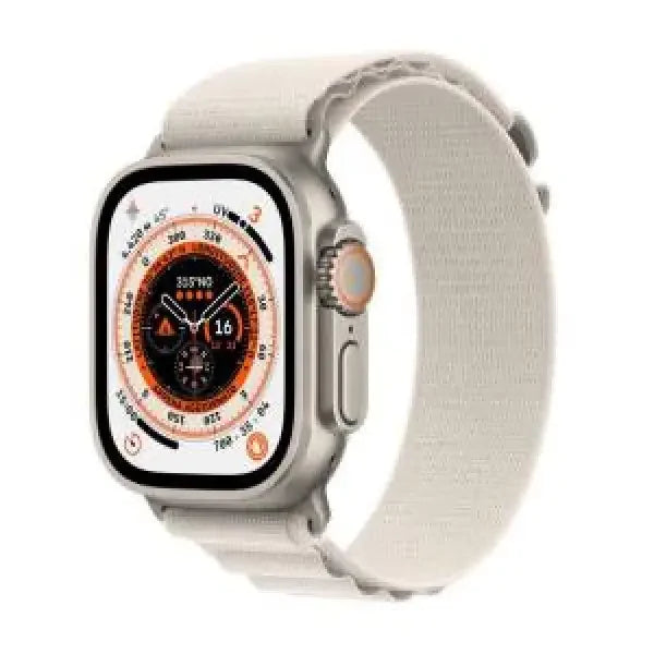 Apple Watch Ultra con cassa in titanio e cinturino bianco, ideale per attività all'aperto e avventure