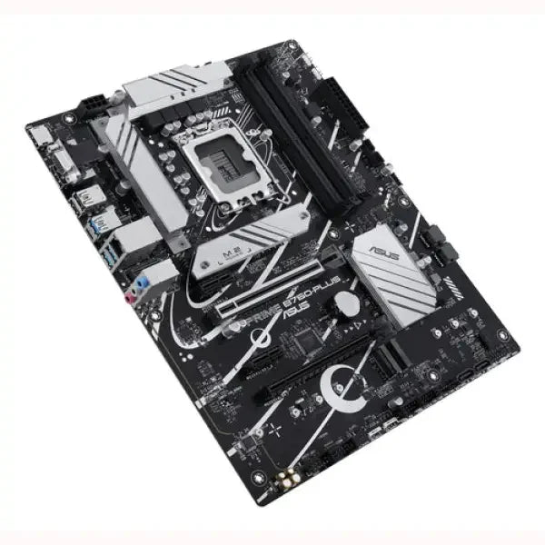 Scheda madre ASUS nera e bianca ATX con socket CPU LGA, slot RAM, slot PCIe e dissipatori