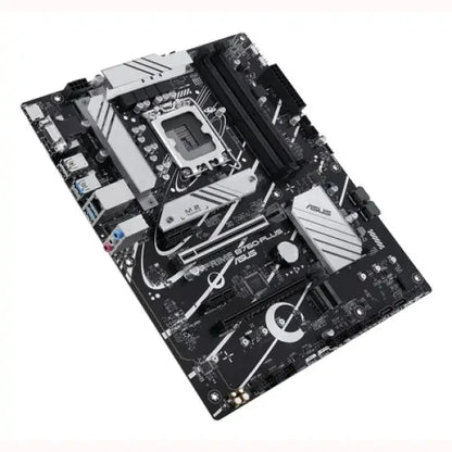 Scheda madre ASUS nera e bianca ATX con socket CPU LGA, slot RAM, slot PCIe e dissipatori