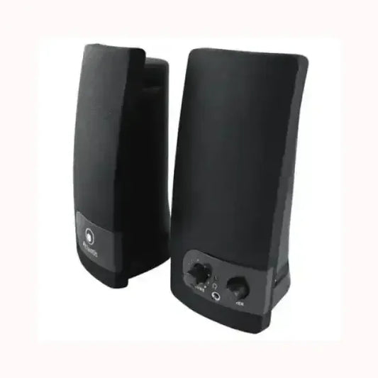 Coppia di casse nere ATLANTIS SPEAKER con controlli volume e bassi integrati