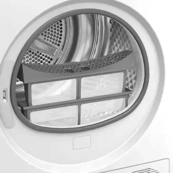 Interno di un'asciugatrice Beko con filtro della lanugine pulito e contenitore visibile