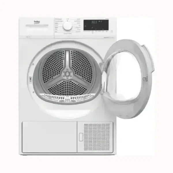 Asciugatrice BEKO bianca con porta trasparente aperta e pannello di controllo digitale