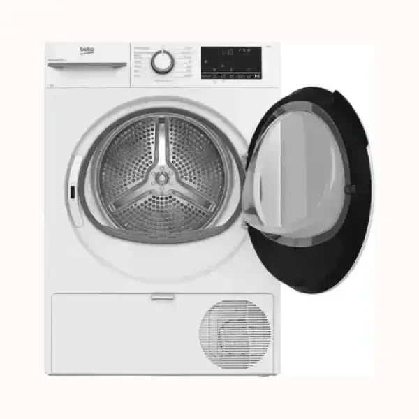 Asciugatrice BEKO bianca con sportello aperto e pannello di controllo digitale