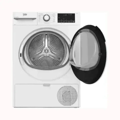 Asciugatrice BEKO bianca con sportello aperto e pannello di controllo digitale