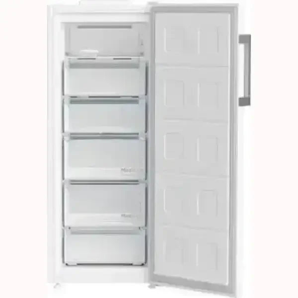 BEKO congelatore verticale bianco con sportello aperto e sei cassetti trasparenti per alimenti