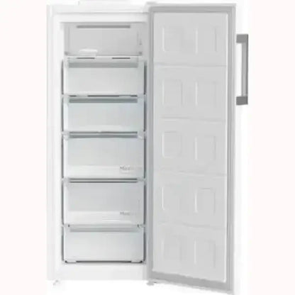 BEKO congelatore verticale bianco con sportello aperto e sei cassetti trasparenti per alimenti