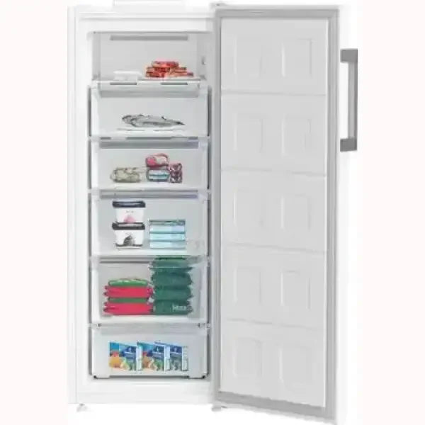 BEKO congelatore verticale bianco con scomparti interni trasparenti per conservare vari alimenti