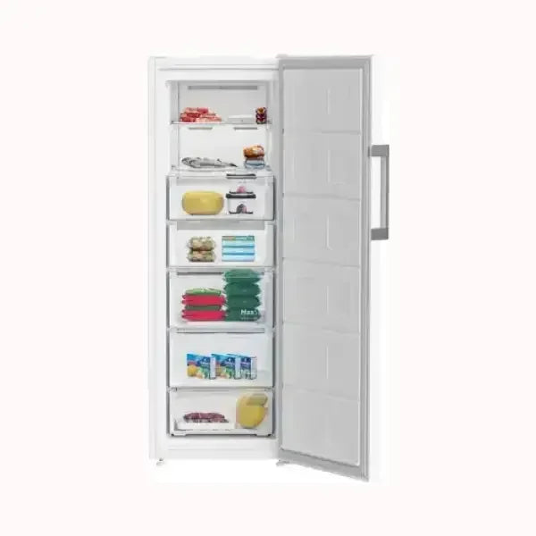 Beko congelatore verticale bianco con porte aperte e scomparti pieni di alimenti surgelati