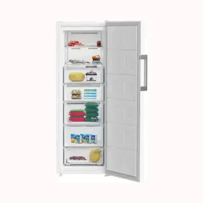 Beko congelatore verticale bianco con porte aperte e scomparti pieni di alimenti surgelati