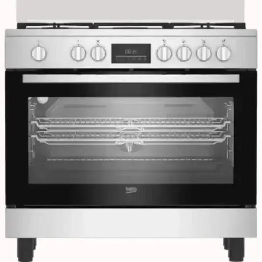 Cucina BEKO in acciaio inox con forno ampio e piano cottura a gas con sei manopole