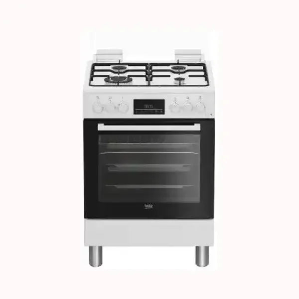 Cucina BEKO bianca a gas con forno e quattro fornelli in acciaio inox
