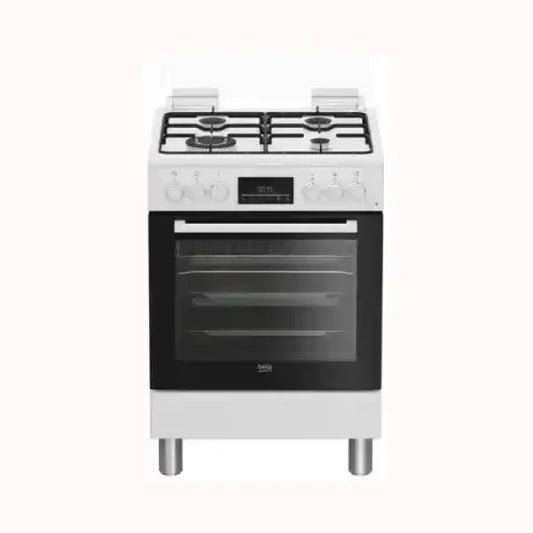 Cucina BEKO bianca a gas con forno e quattro fornelli in acciaio inox
