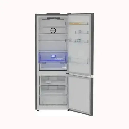 Beko frigo combinato con porte aperte mostrando ripiani regolabili e cassetti per conservazione alimenti