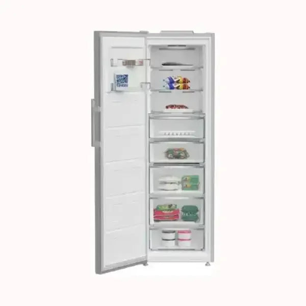 Congelatore verticale BEKO bianco con sportello aperto e scomparti trasparenti interni