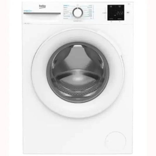 Lavatrice Beko bianca frontale con oblò trasparente e pannello di controllo digitale