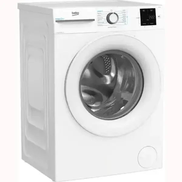 Lavatrice Beko bianca a carica frontale con pannello di controllo digitale e selettore programma
